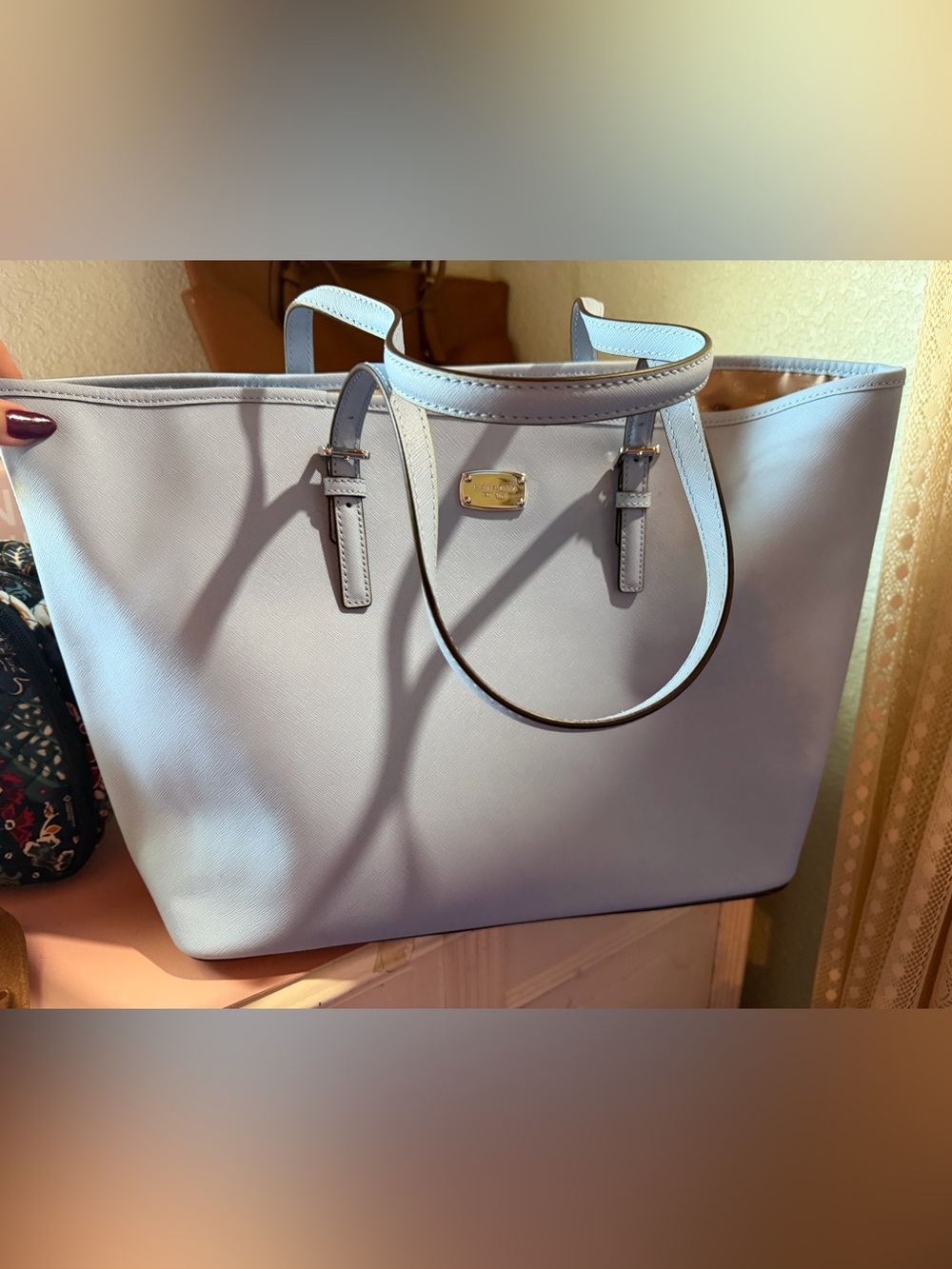 Light Blue Leather Tote Bag with Gold Plaque